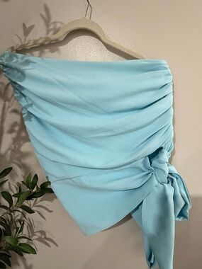 Amanda Uprichard Sky Blue One-Shoulder Draped Top with Side Knot